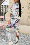 Casual Floral Print Contrast O Neck Long Sleeve Two Pieces