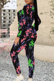 Casual Floral Print Contrast O Neck Long Sleeve Two Pieces