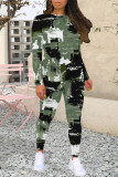 Casual Geometric Print Gradient Contrast O Neck Long Sleeve Two Pieces