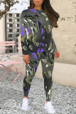 Casual Geometric Print Gradient Contrast O Neck Long Sleeve Two Pieces