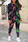 Casual Floral Print Contrast O Neck Long Sleeve Two Pieces