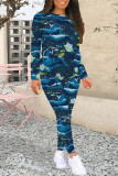 Casual Geometric Print Letters Contrast O Neck Long Sleeve Two Pieces