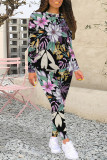 Casual Floral Print Contrast O Neck Long Sleeve Two Pieces