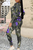 Casual Geometric Print Gradient Contrast O Neck Long Sleeve Two Pieces
