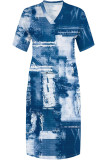 Street Faux Denim Print Pocket Contrast V Neck Printed Plus Size Dresses