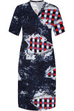 Street Faux Denim Print Pocket Contrast V Neck Printed Plus Size Dresses