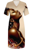 Casual Print portrait Pocket Contrast V Neck Printed Plus Size Dresses