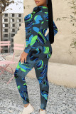 Casual Geometric Print Gradient Contrast O Neck Long Sleeve Two Pieces