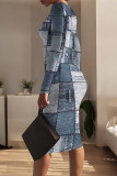 Casual Faux Denim Print Contrast O Neck Printed Dresses