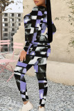 Casual Geometric Print Letters Contrast O Neck Long Sleeve Two Pieces