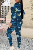 Casual Geometric Print Letters Contrast O Neck Long Sleeve Two Pieces