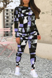 Casual Geometric Print Letters Contrast O Neck Long Sleeve Two Pieces