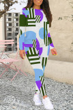Casual Geometric Print Letters Contrast O Neck Long Sleeve Two Pieces