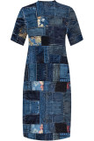 Street Faux Denim Print Pocket Contrast V Neck Printed Plus Size Dresses