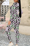 Casual Geometric Print Letters Contrast O Neck Long Sleeve Two Pieces