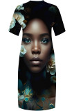 Casual Print portrait Pocket Contrast V Neck Printed Plus Size Dresses