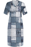 Street Faux Denim Print Pocket Contrast V Neck Printed Plus Size Dresses