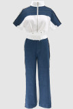 Casual Draw String Zipper Contrast Zipper Collar Short Sleeve Two Pieces