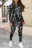 Casual Geometric Print Letters Contrast O Neck Long Sleeve Two Pieces