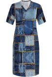 Street Faux Denim Print Pocket Contrast V Neck Printed Plus Size Dresses