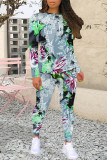 Casual Floral Print Contrast O Neck Long Sleeve Two Pieces