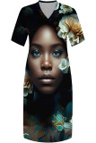 Casual Print portrait Pocket Contrast V Neck Printed Plus Size Dresses