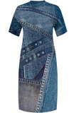 Street Faux Denim Print Pocket Contrast V Neck Printed Plus Size Dresses