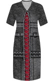 Street Faux Denim Print Pocket Contrast V Neck Printed Plus Size Dresses