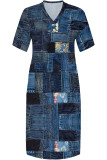Street Faux Denim Print Pocket Contrast V Neck Printed Plus Size Dresses