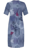 Street Faux Denim Print Pocket Contrast V Neck Printed Plus Size Dresses
