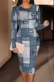 Casual Faux Denim Print Contrast O Neck Printed Dresses