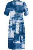 Street Faux Denim Print Pocket Contrast V Neck Printed Plus Size Dresses