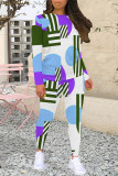Casual Geometric Print Letters Contrast O Neck Long Sleeve Two Pieces
