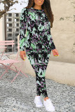 Casual Floral Print Contrast O Neck Long Sleeve Two Pieces