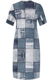 Street Faux Denim Print Pocket Contrast V Neck Printed Plus Size Dresses