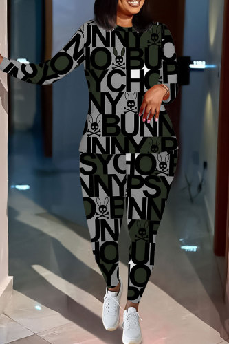 Casual Geometric Print Letters Contrast O Neck Long Sleeve Two Pieces