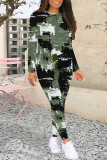 Casual Geometric Print Gradient Contrast O Neck Long Sleeve Two Pieces