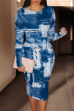 Casual Faux Denim Print Contrast O Neck Printed Dresses