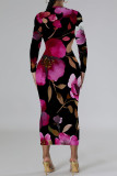 Casual Floral Print Contrast O Neck Printed Dresses