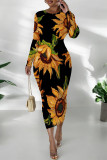 Casual Floral Print Contrast O Neck Printed Dresses