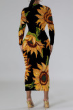 Casual Floral Print Contrast O Neck Printed Dresses