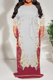 Casual Floral Print Lace Up Contrast O Neck Printed Plus Size Dresses