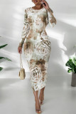 Elegant Floral Print Tie Dye Contrast O Neck Printed Dresses