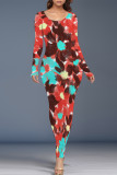 Elegant Floral Print Contrast O Neck One Step Skirt Dresses