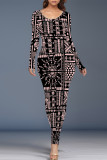 Casual Geometric Print Contrast O Neck One Step Skirt Dresses