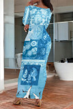 Casual Geometric Print Contrast O Neck One Step Skirt Dresses