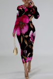 Casual Floral Print Contrast O Neck Printed Dresses