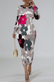 Elegant Floral Print Tie Dye Contrast O Neck Printed Dresses