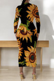 Casual Floral Print Contrast O Neck Printed Dresses