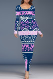 Casual Geometric Print Contrast O Neck One Step Skirt Dresses